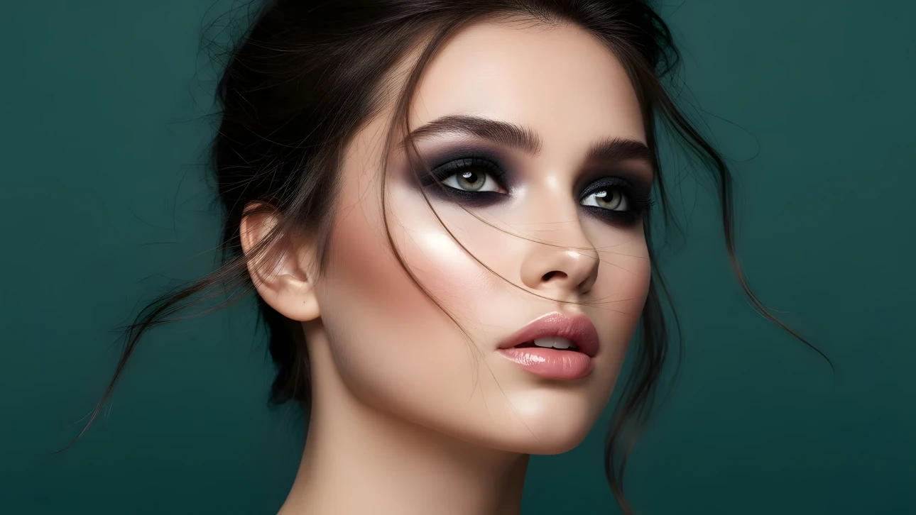 Enhance your project with this portrait of a woman featuring dramatic smokey eyeshadow and glossy lips. Perfect for high-fashion editorial designs.