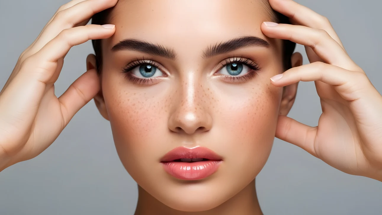 Enhance your project with this close-up of a woman's face featuring striking blue eyes and delicate freckles. Perfect for high-end beauty and skincare campaigns.