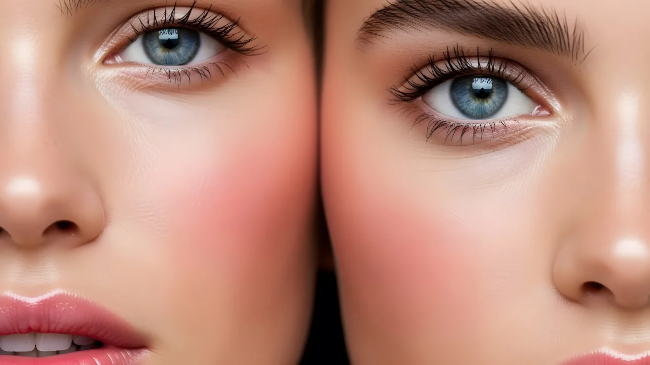 Elevate your beauty projects with this close-up of two women's faces, featuring striking blue eyes and glossy lips. Perfect for high-end beauty campaigns.