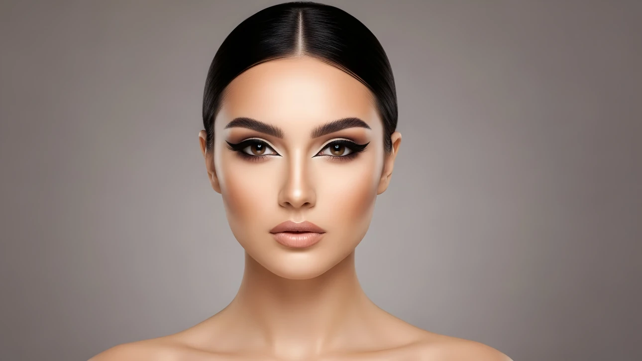 Elevate your designs with this portrait of a woman showcasing flawless makeup. A premium design asset perfect for cosmetic advertising and beauty blogs.