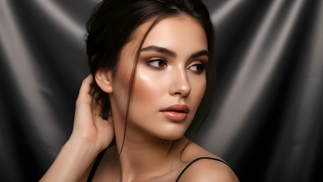 Enhance your project with this elegant portrait of a woman featuring flawless skin and subtle makeup. Perfect for high-end beauty and fashion campaigns.