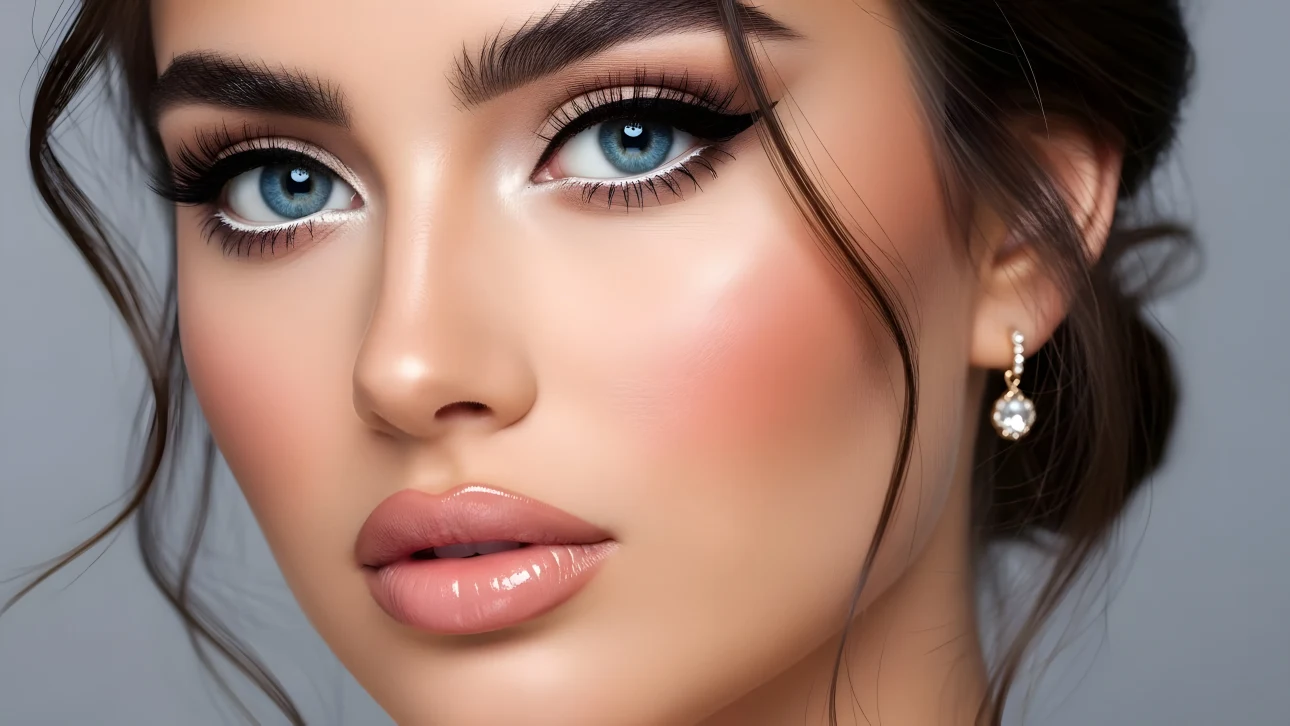 Elevate your designs with this stunning close-up of a woman showcasing flawless makeup and piercing blue eyes. Perfect for luxury beauty campaigns.