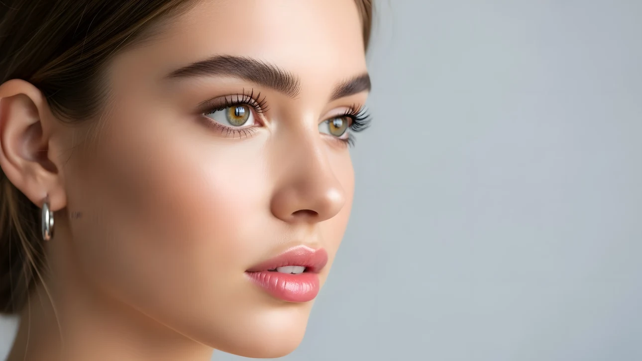 Enhance your designs with this beautiful woman's portrait featuring flawless skin and captivating eyes. Perfect for high-end beauty and skincare campaigns.