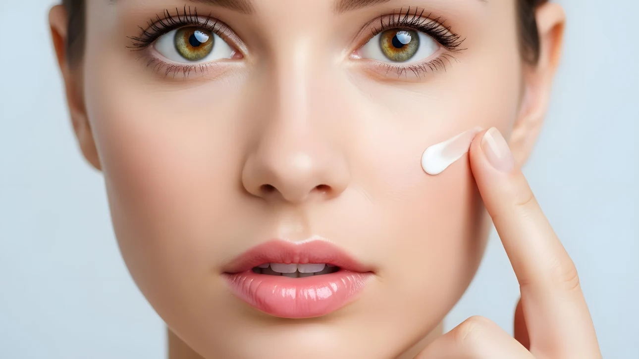 Enhance your skincare visuals with this close-up of a woman applying face cream, perfect for beauty product promotions and high-end cosmetic campaigns.