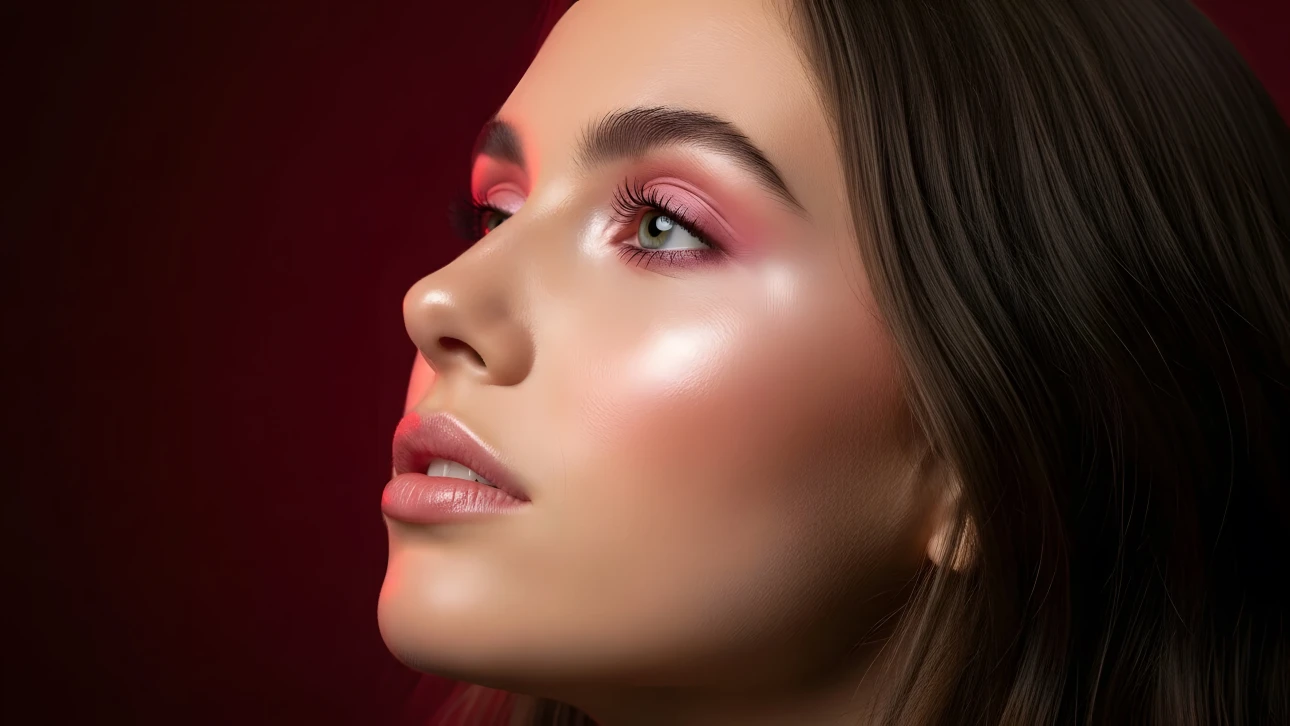 Elevate your visuals with this close-up of a woman featuring soft pink makeup and dramatic lighting. Perfect for beauty and cosmetic designs.