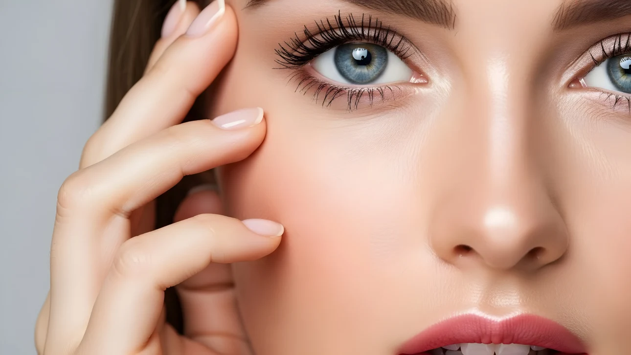 Enhance your designs with this striking close-up featuring a woman's captivating blue eyes and flawless makeup. Perfect for high-end beauty and skincare campaigns.