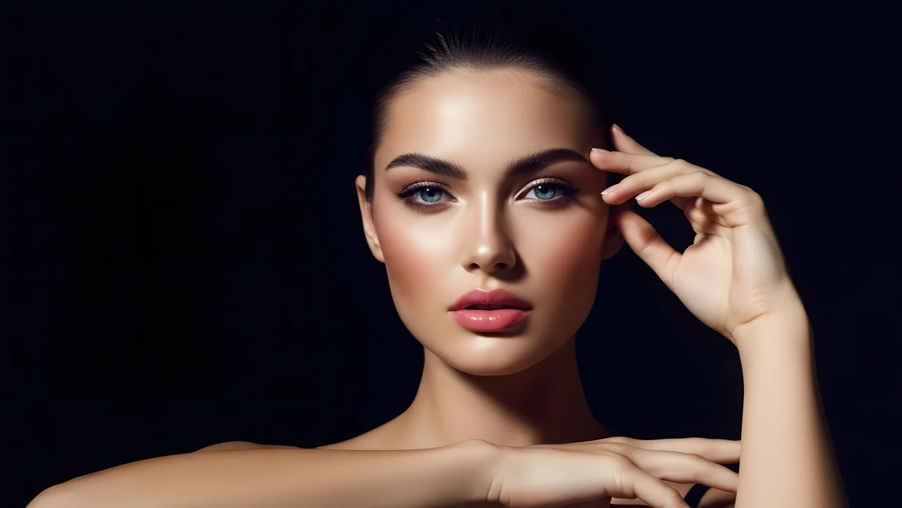 Enhance your project with this stunning portrait of a woman featuring flawless skin and captivating eyes. Perfect for high-fashion editorials and beauty campaigns.
