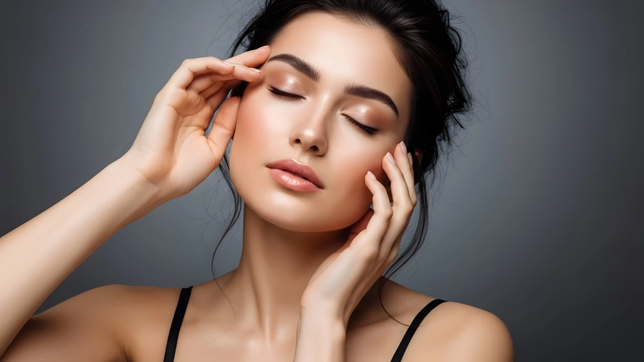 Elevate your project with this stunning portrait of a woman showcasing radiant skin and delicate features. Perfect for high-end beauty and wellness campaigns.