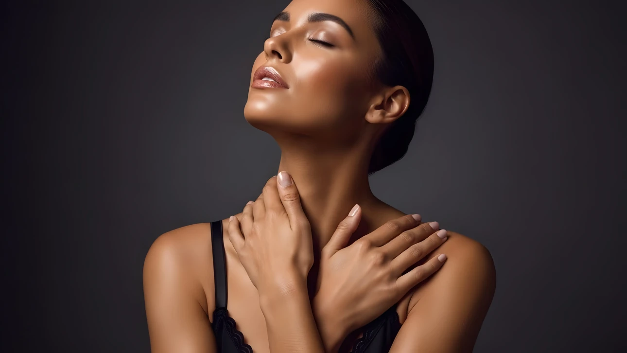 Elevate your project with this portrait of a woman featuring radiant skin and glossy makeup. Perfect for high-end beauty and wellness campaigns.