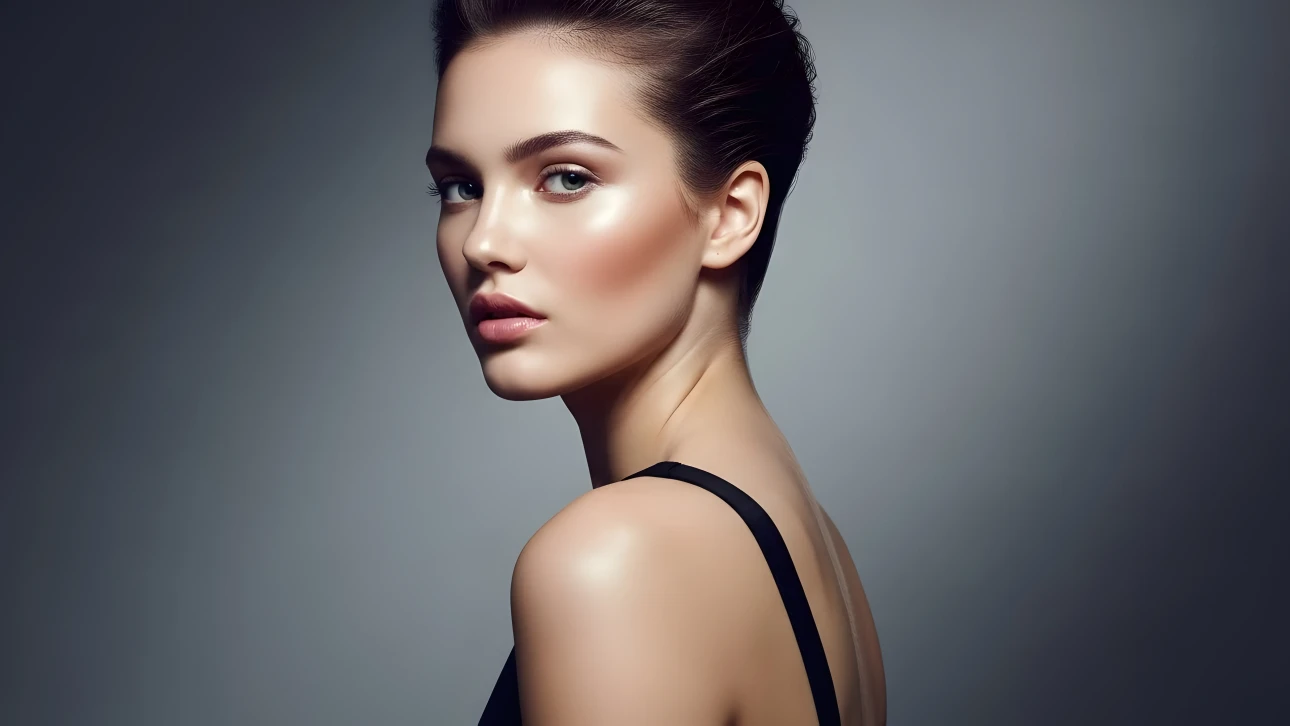 Elevate your project with this striking portrait of a woman featuring perfect makeup and soft lighting. Ideal for sophisticated beauty campaigns and high-end editorial designs.
