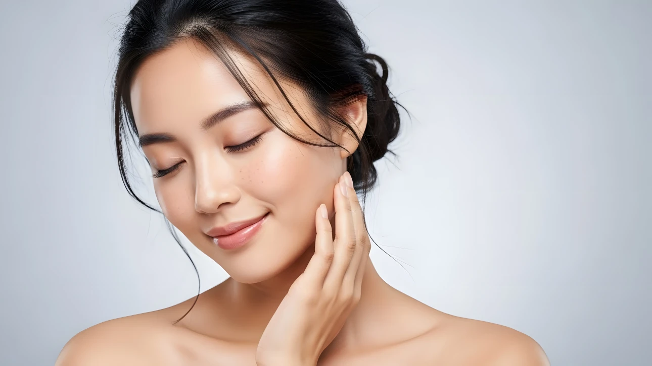 Elevate your visuals with this portrait of an Asian woman showcasing flawless skin. Perfect for high-end beauty and skincare campaigns, ready for commercial use.
