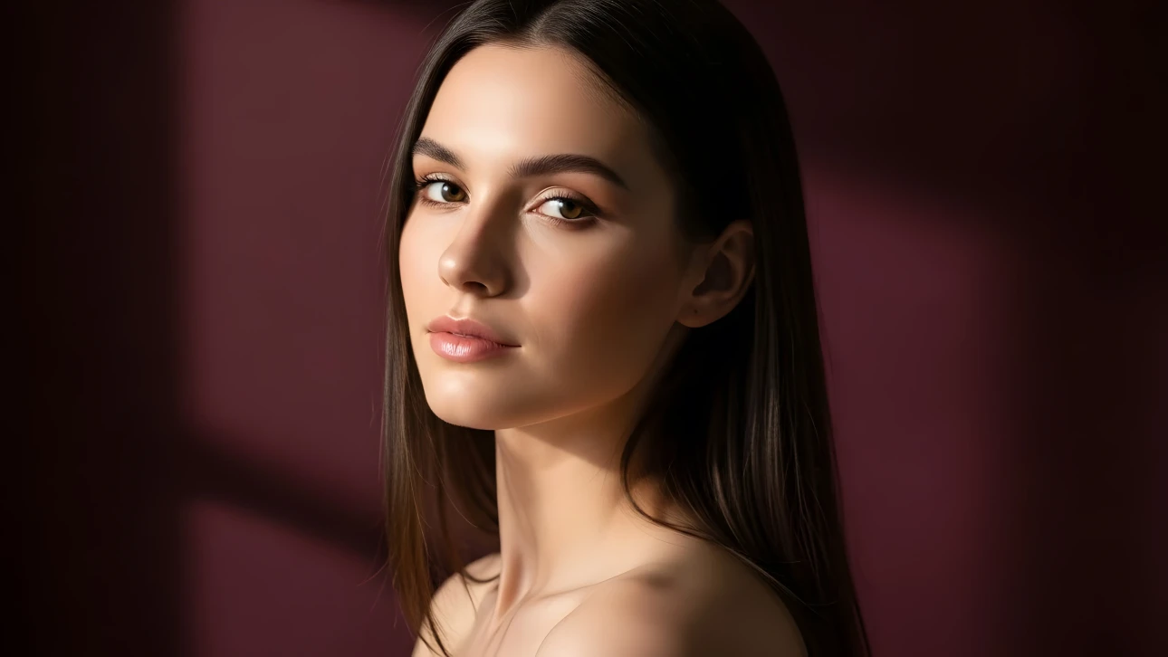 Enhance your project with this captivating portrait of a brunette woman, featuring soft, diffused lighting and a rich burgundy backdrop. Perfect for high-end beauty campaigns.