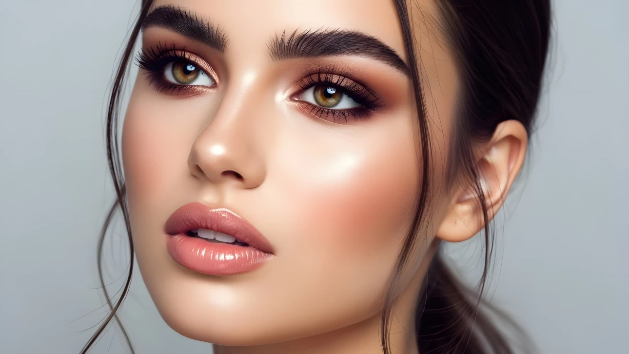 Elevate your designs with this portrait of a woman featuring expertly applied makeup and captivating hazel eyes. Perfect for high-fashion and beauty projects.
