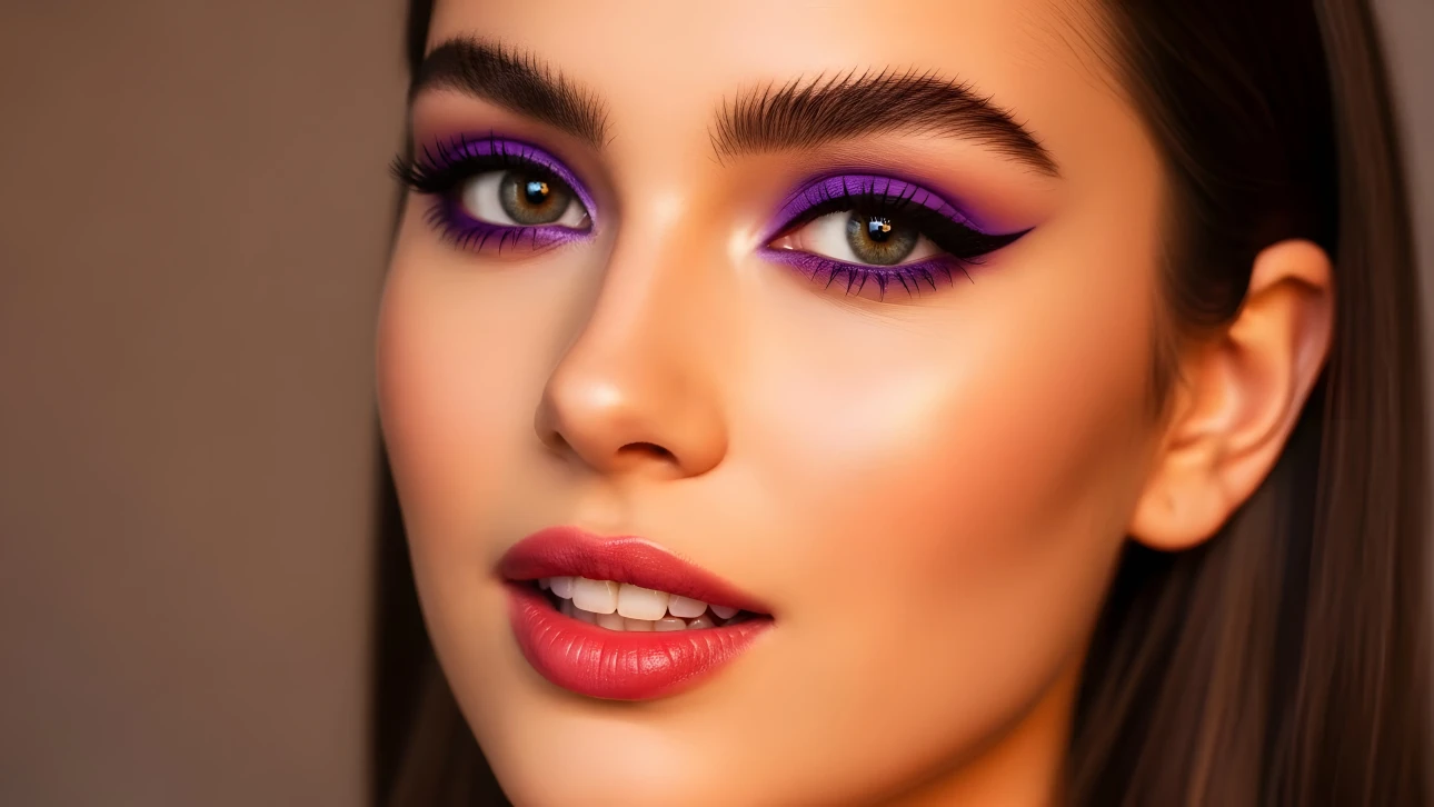 Elevate your beauty projects with this captivating portrait featuring bold purple eyeshadow and flawless makeup. Perfect for high-fashion editorials and beauty campaigns.