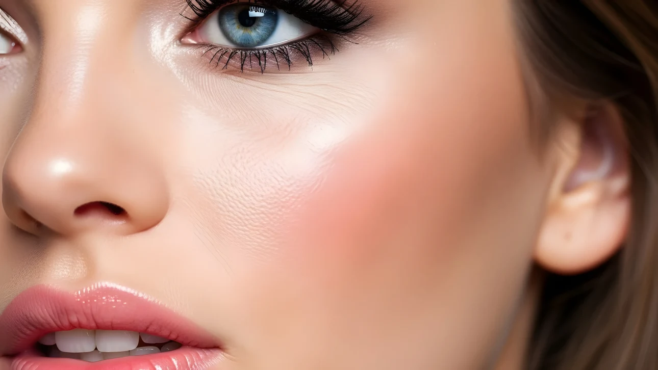 Enhance your project with this close-up of a woman's face, featuring flawless skin and striking blue eyes. Perfect for high-end beauty and skincare campaigns.