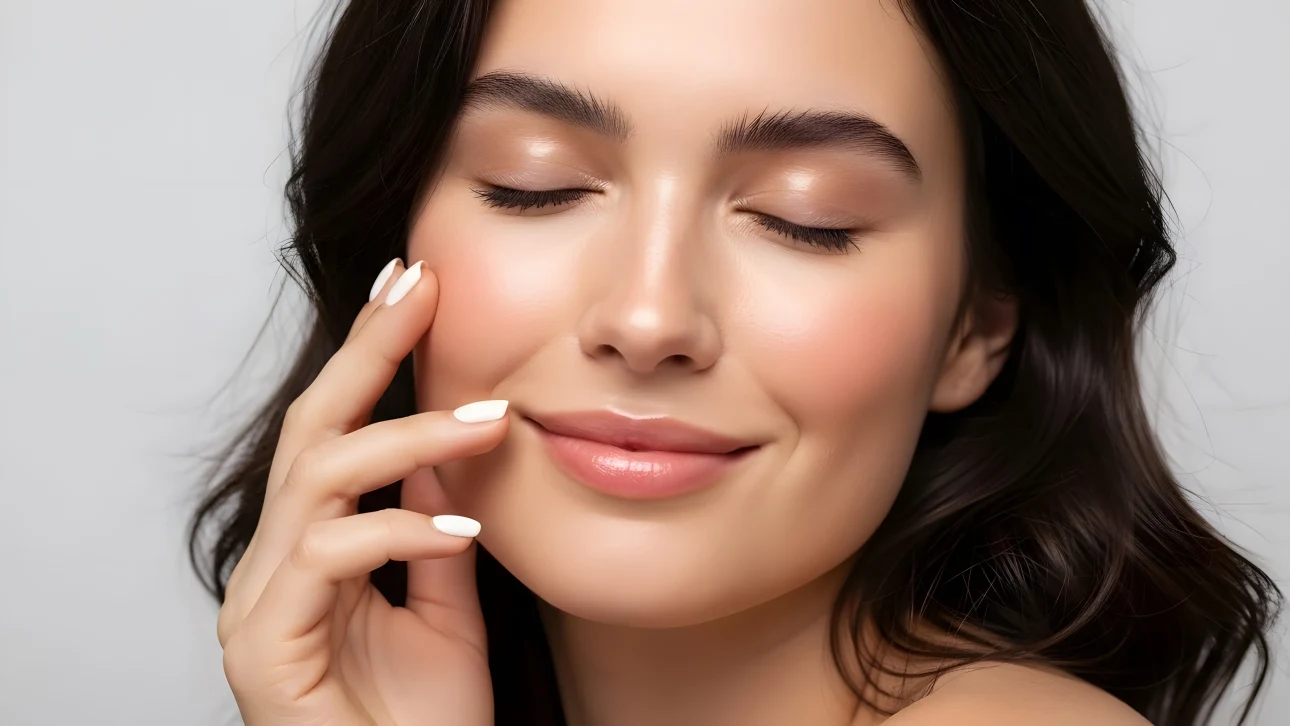 Elevate your designs with this portrait of a woman showcasing radiant skin. A premium design asset perfect for beauty and skincare campaigns.