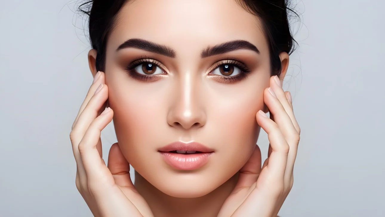 Enhance your project with this image of a woman's face showcasing flawless makeup. Perfect for beauty blogs, skincare ads, and cosmetic branding projects.