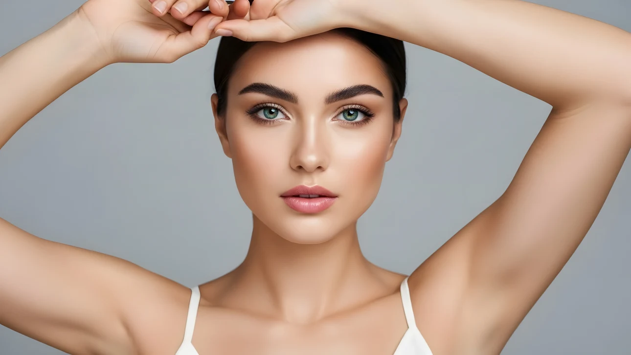 Enhance your project with this stunning portrait of a woman, featuring radiant skin and captivating green eyes. Perfect for beauty and wellness campaigns.