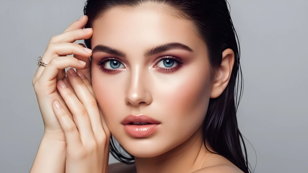 Elevate your designs with this stunning portrait of a woman featuring flawless makeup and captivating blue eyes. Perfect for high-end beauty and fashion projects.