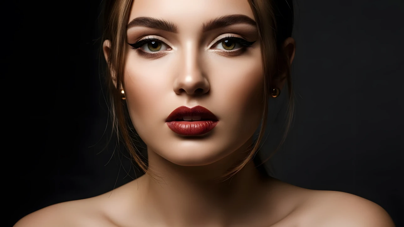 Elevate your designs with this striking portrait of a woman featuring flawless makeup and captivating eyes. Perfect for high-fashion editorials.