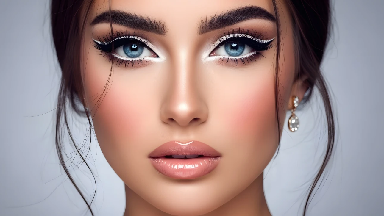 Enhance your designs with this close-up of a woman showcasing striking makeup and elegant jewelry. Perfect for high-fashion editorials and beauty product promotions.