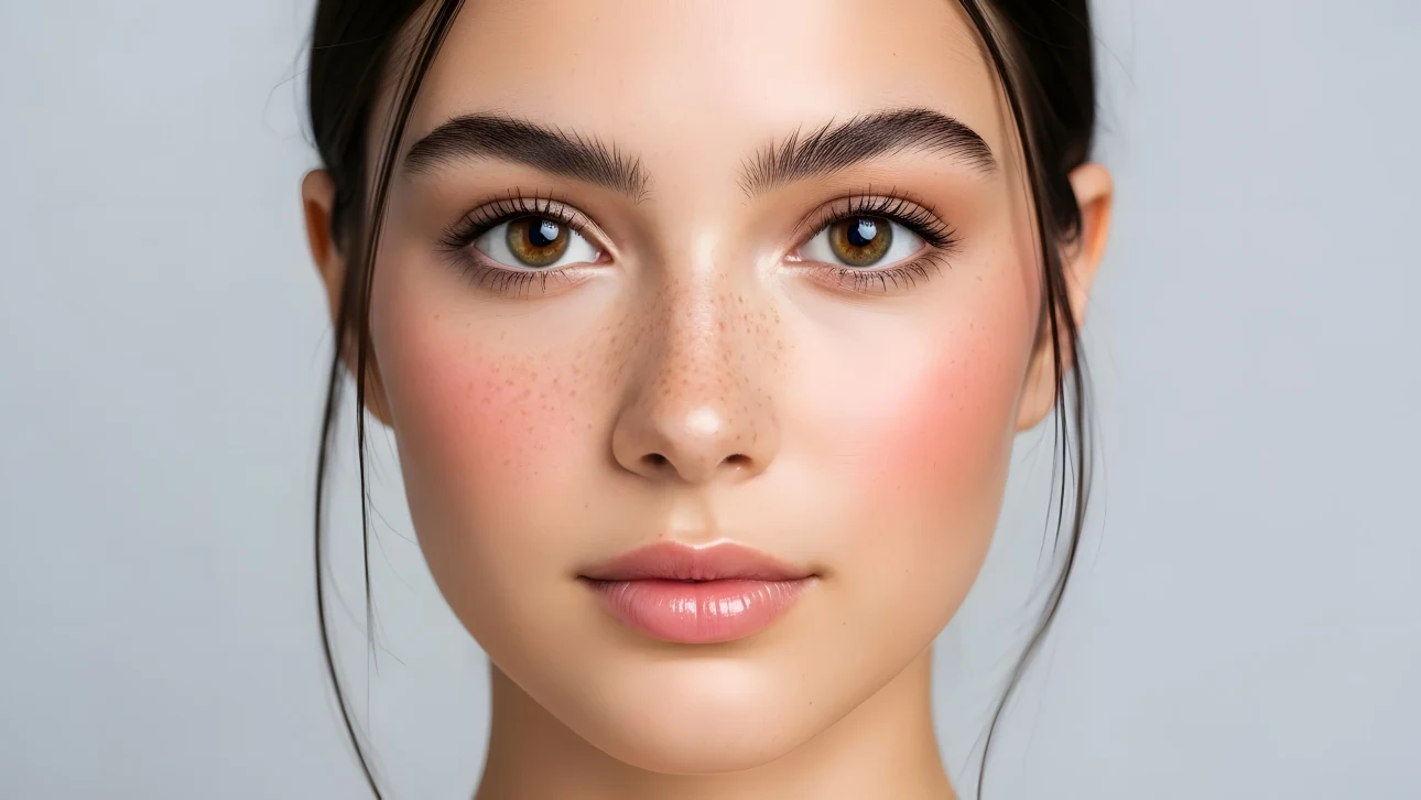 Enhance your project with this close-up of a young woman featuring freckles and glossy lips. A premium design asset perfect for beauty and skincare campaigns.