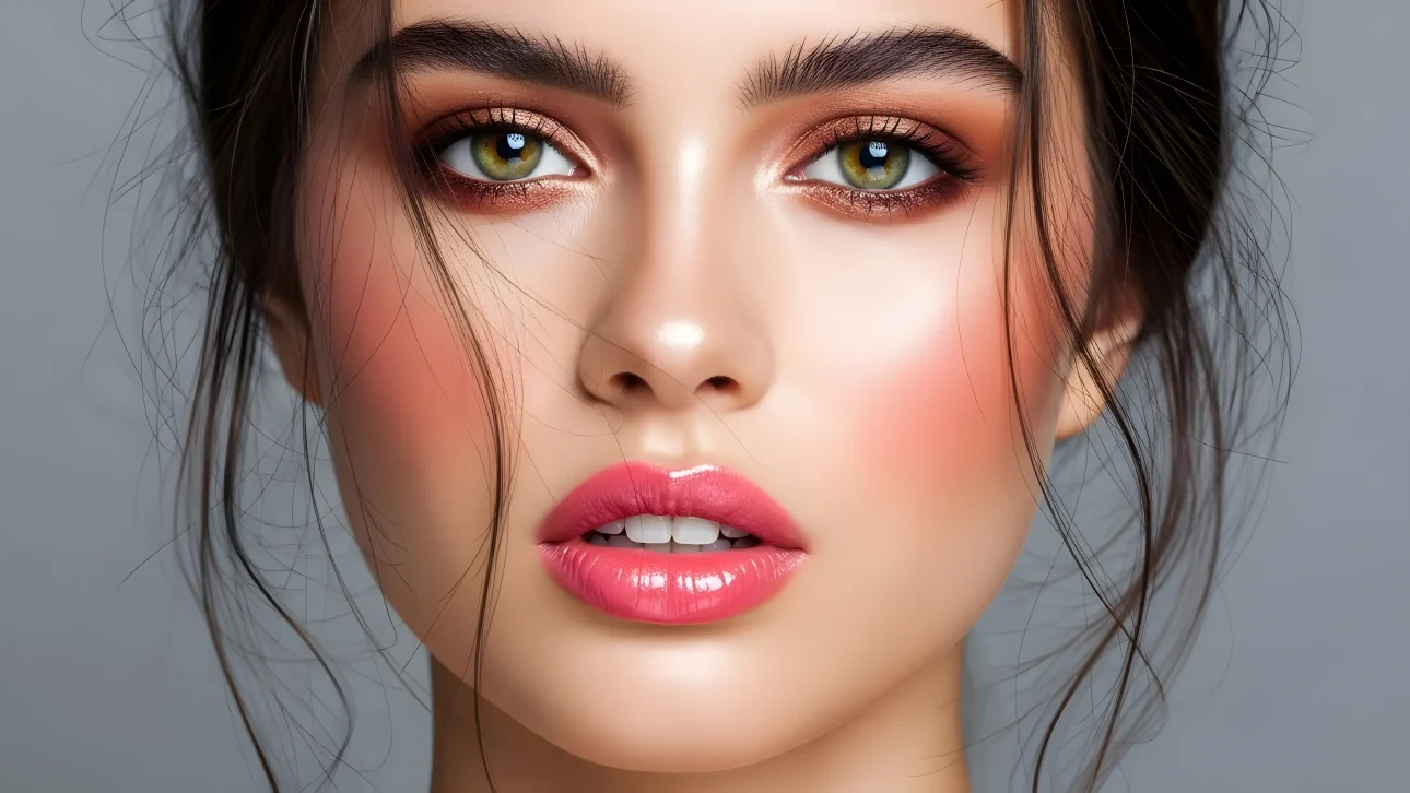 Elevate your project with this stunning close-up of a woman's face, featuring captivating green eyes and glossy lips. Perfect for high-fashion and beauty campaigns.