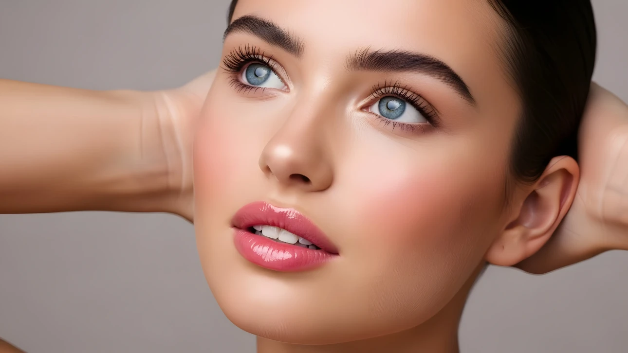 Enhance your designs with this portrait of a beautiful woman featuring flawless skin and captivating blue eyes. Perfect for beauty and skincare campaigns.