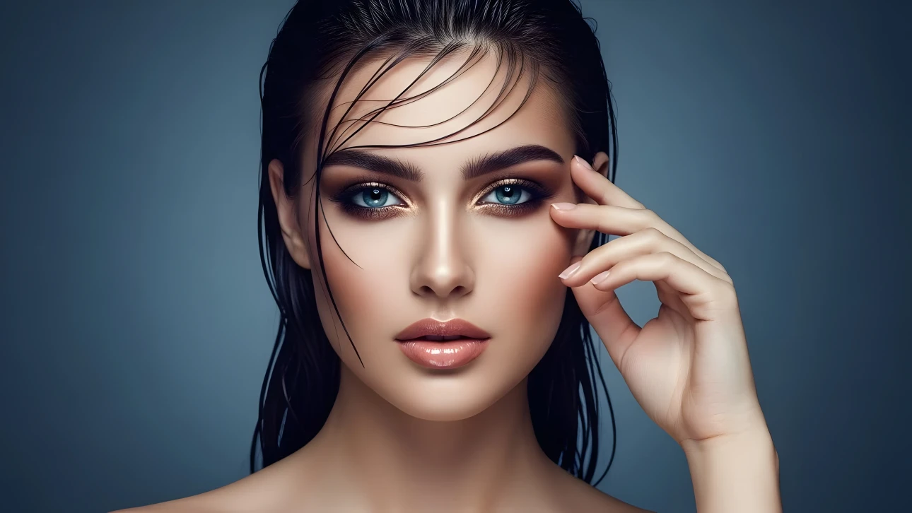 Elevate your designs with this striking portrait of a woman featuring dramatic makeup and wet hair, perfect for high-fashion or beauty-related projects. Ready for commercial use.