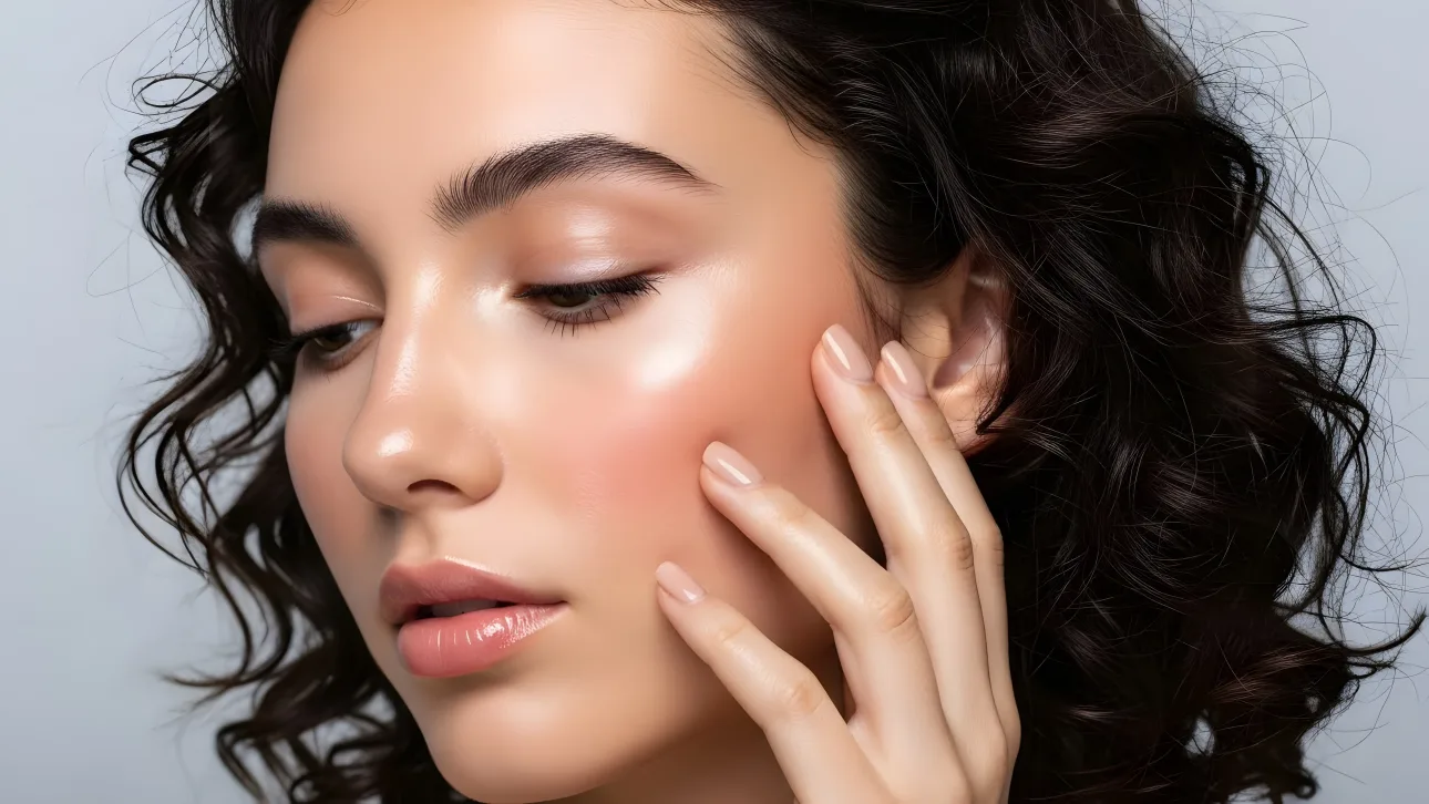 Enhance your project with this image of a woman showcasing luminous skin and elegant features. Perfect for high-end beauty and skincare campaigns.