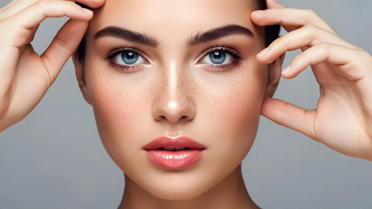 Enhance your beauty projects with this close-up of a woman's face featuring freckles and captivating blue eyes. Ideal for cosmetic and skincare campaigns.