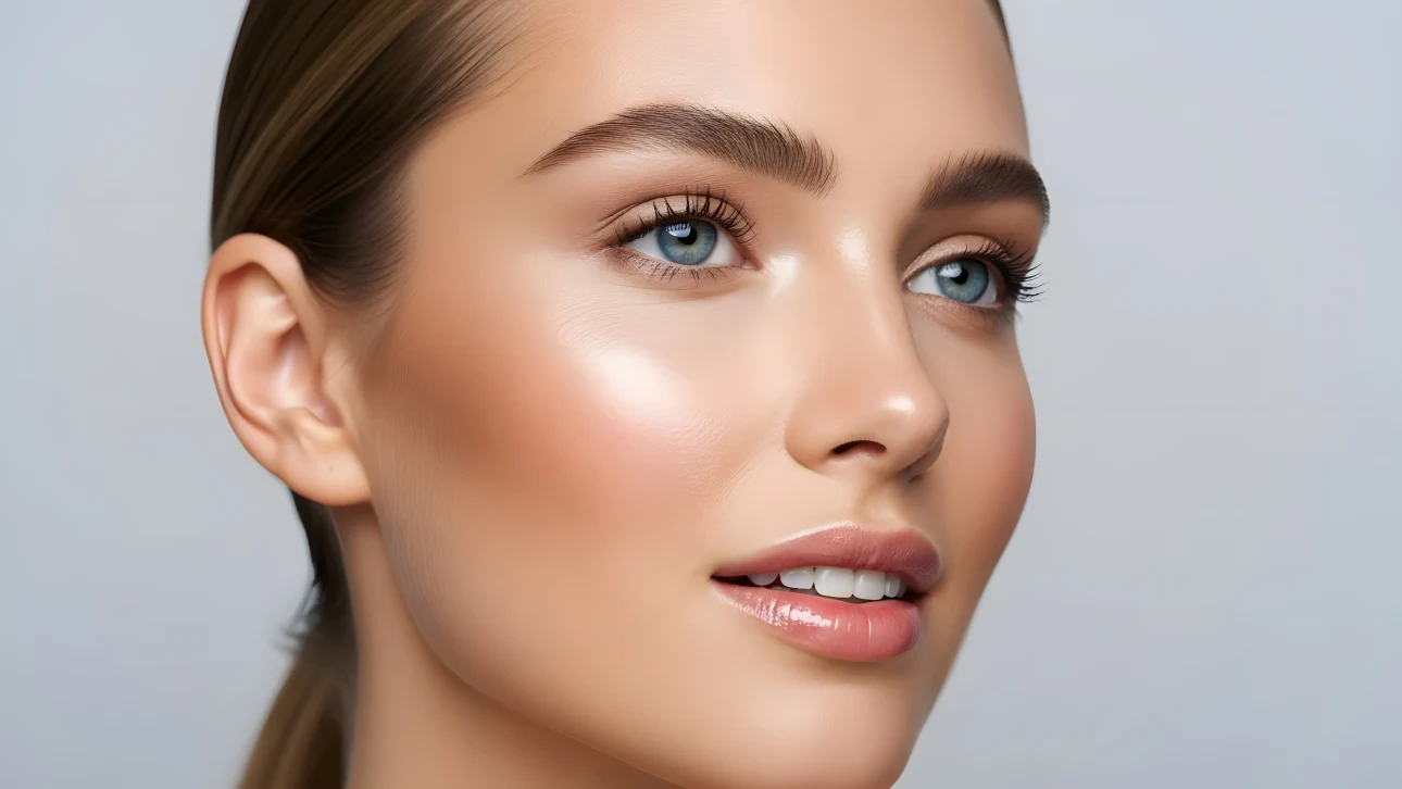 Enhance your project with this close-up of a woman's face, featuring flawless skin and captivating blue eyes. Perfect for high-end beauty and skincare campaigns.