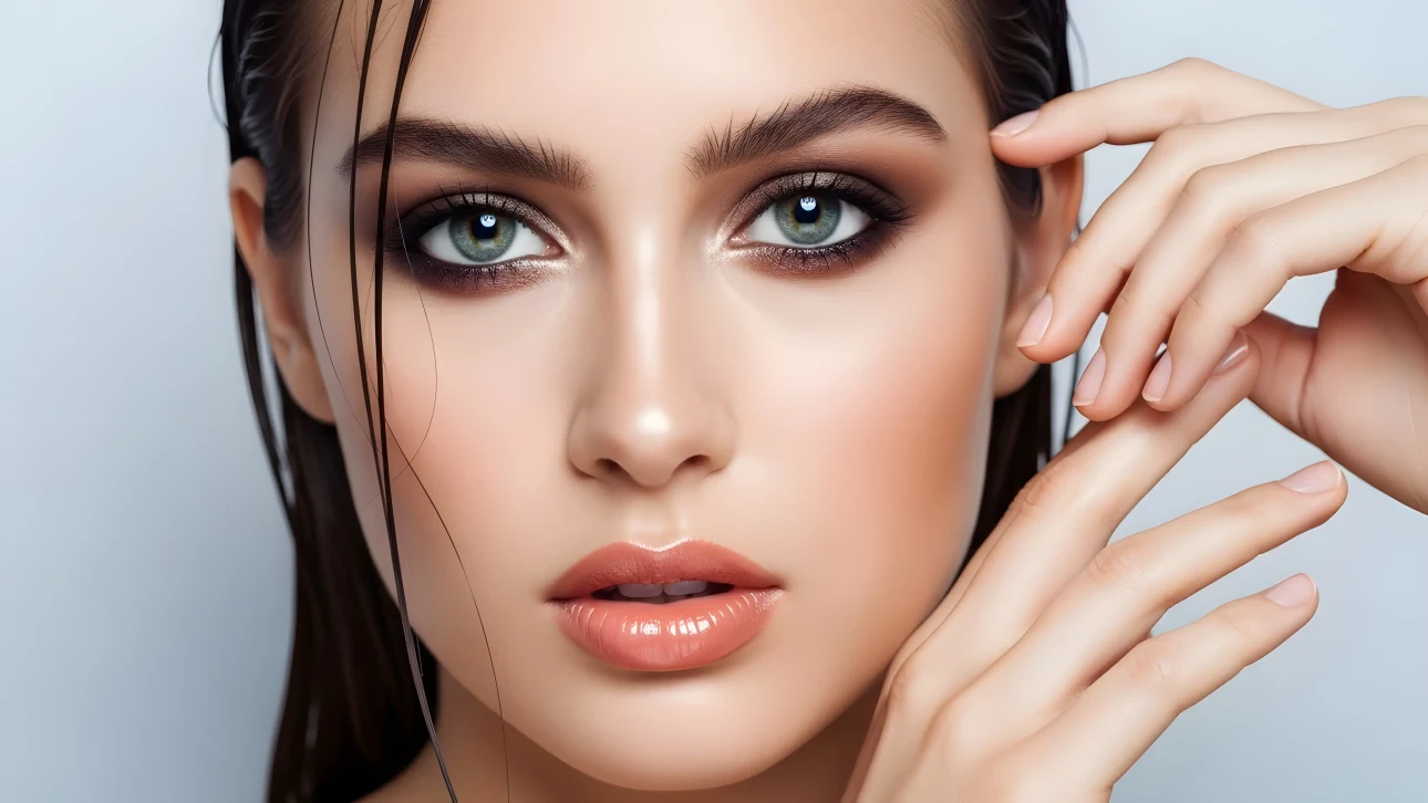 Enhance your project with this stunning close-up of a woman's face, featuring expertly applied smoky eye makeup and glossy lips. Perfect for high-end beauty campaigns.
