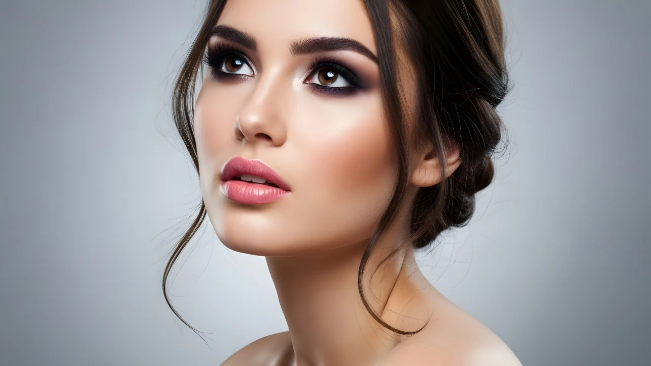 Elevate your designs with this portrait of a woman featuring flawless makeup and soft lighting. Perfect for high-end beauty and fashion projects.
