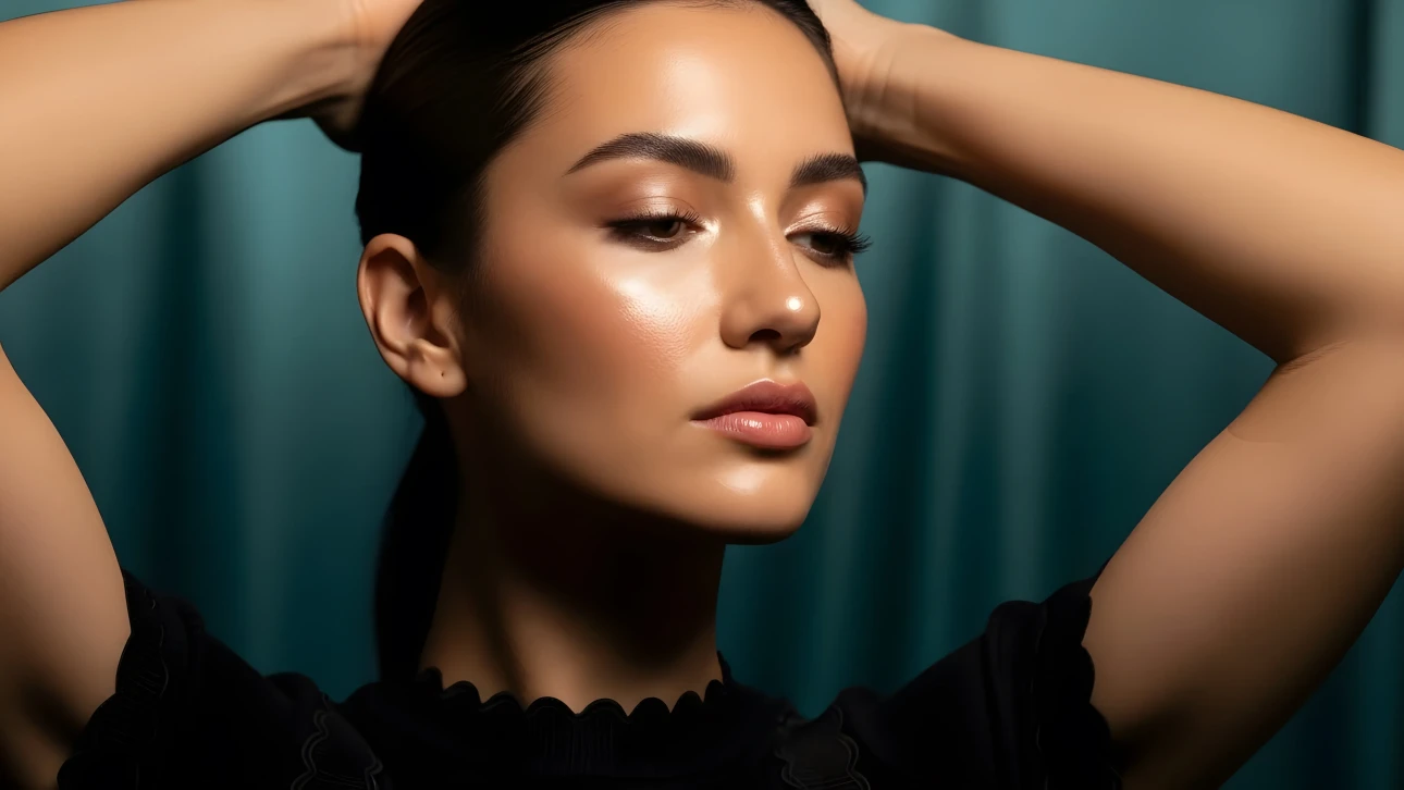 Elevate your project with this portrait of a woman featuring flawless makeup and a serene expression. Perfect for high-fashion editorials and beauty campaigns.