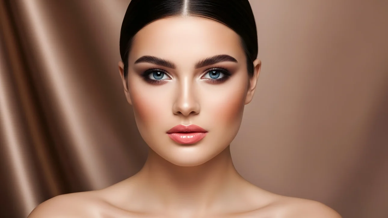 Elevate your designs with this stunning portrait of a woman featuring flawless makeup. Perfect for high-fashion editorials and beauty campaigns.