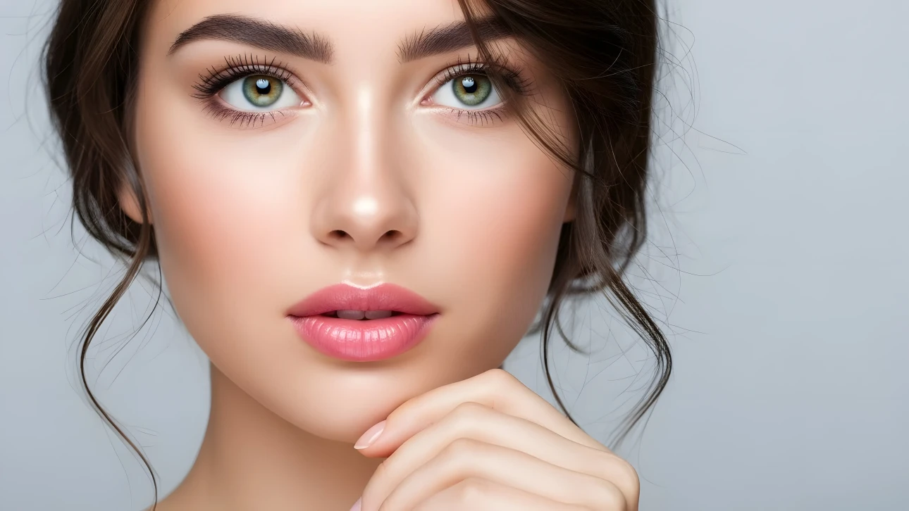 Enhance your project with this stunning portrait featuring radiant skin and captivating green eyes. Perfect for high-end beauty and cosmetic campaigns.