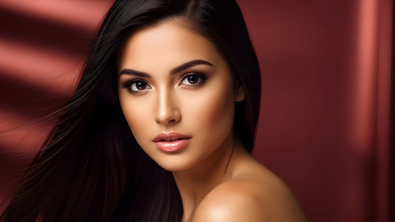 Elevate your project with this stunning portrait of a brunette woman featuring flowing hair and soft lighting. Perfect for high-end beauty and fashion campaigns.