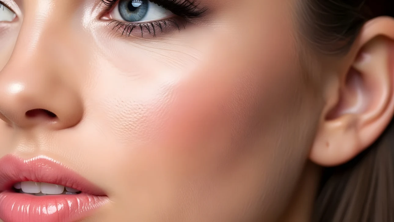 Enhance your project with this close-up of a woman's face, highlighting her striking blue eye and glossy lips. Perfect for beauty and skincare campaigns.
