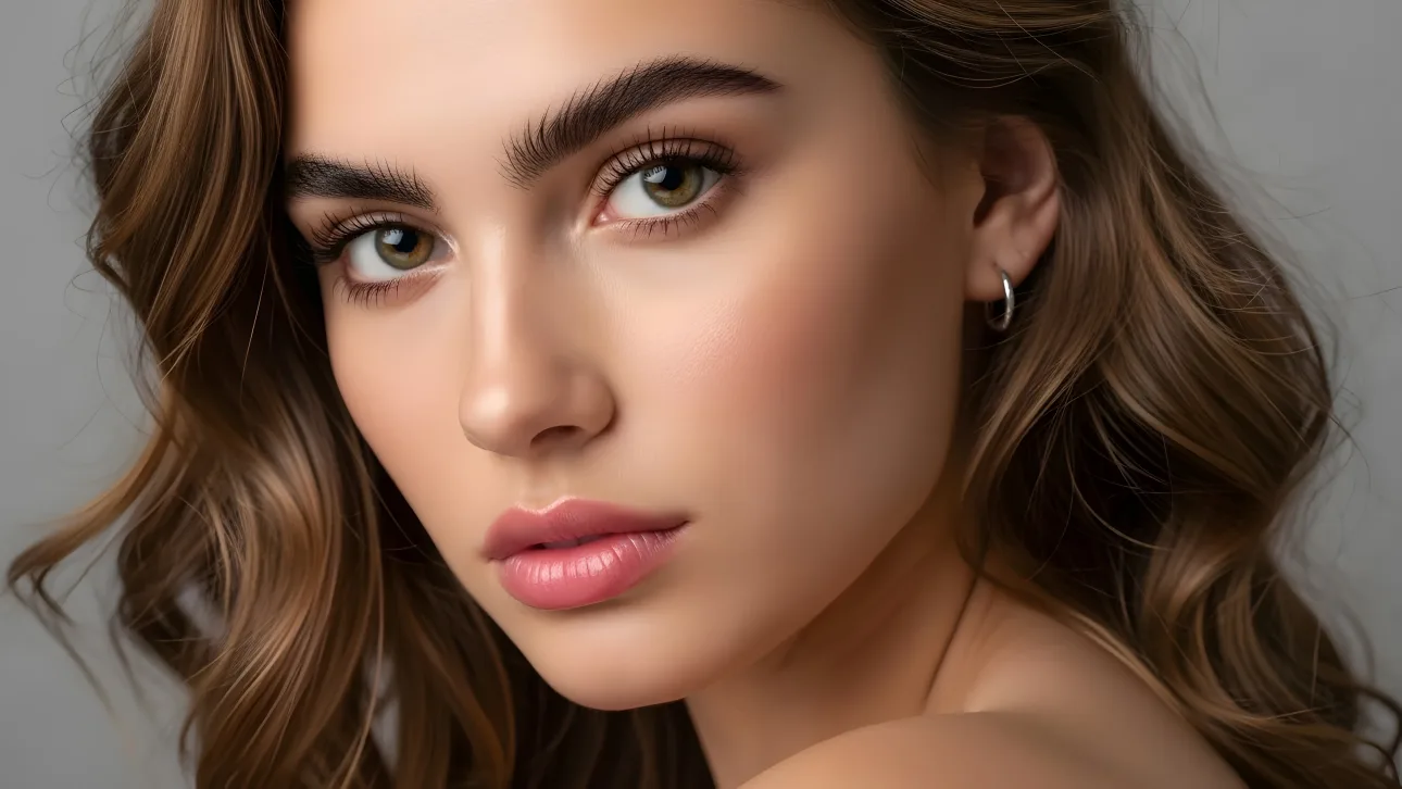Elevate your project with this stunning portrait featuring a woman with captivating hazel eyes and soft, wavy brown hair. Perfect for high-end beauty campaigns.