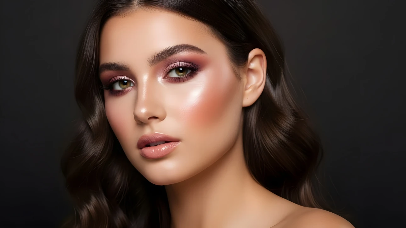 Elevate your beauty designs with this stunning portrait featuring flawless makeup and radiant skin. Perfect for high-fashion editorials and luxury cosmetic campaigns.