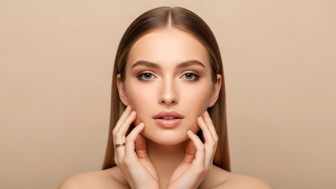 Enhance your project with this beautiful woman's portrait, showcasing flawless skin and a serene expression. Perfect for high-end beauty and wellness campaigns.