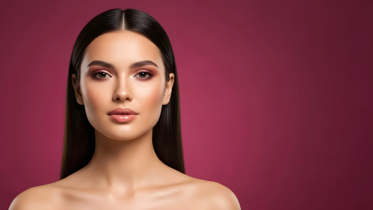 Elevate your designs with this striking portrait featuring a brunette woman with glamorous makeup. Perfect for high-fashion editorials and beauty campaigns.