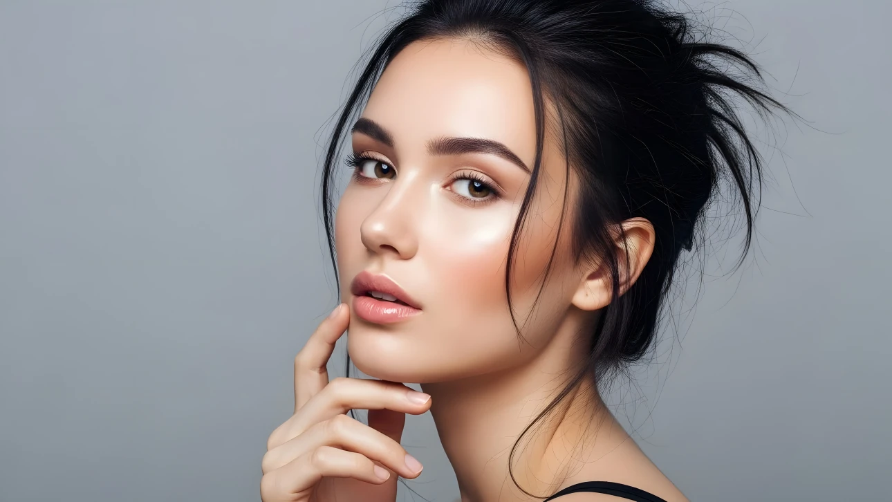 Elevate your project with this portrait of a beautiful woman featuring flawless skin. Perfect for high-fashion editorials and cosmetic branding campaigns.