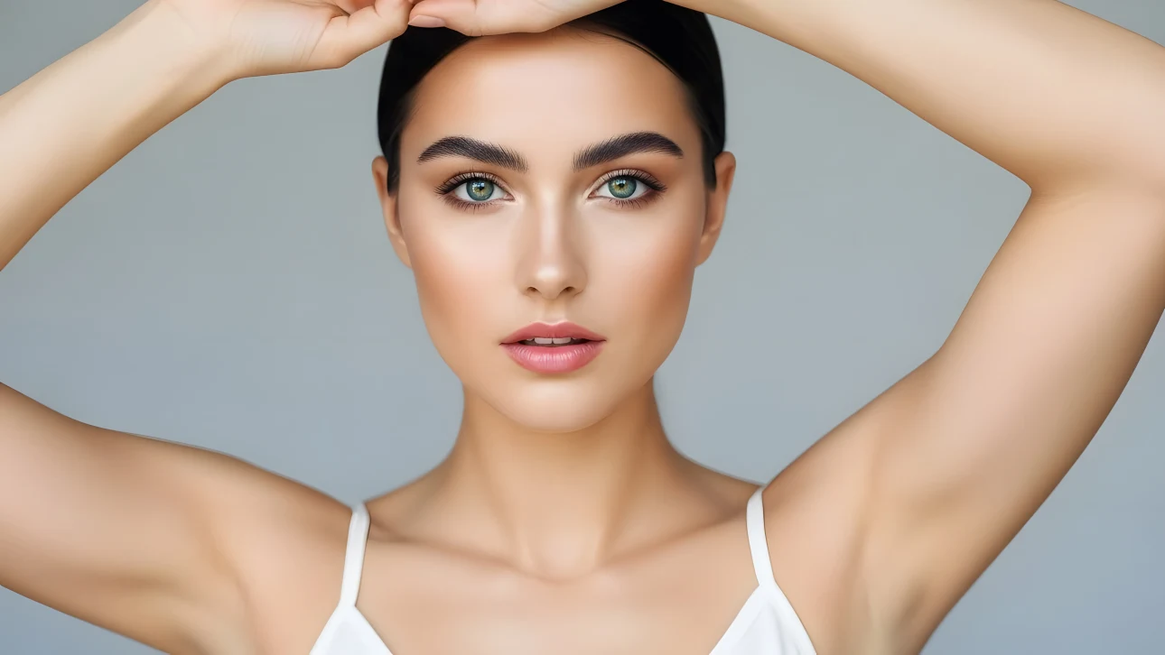 Enhance your project with this elegant portrait of a woman with striking green eyes, perfect for high-end beauty and wellness campaigns. Ready for instant commercial use.