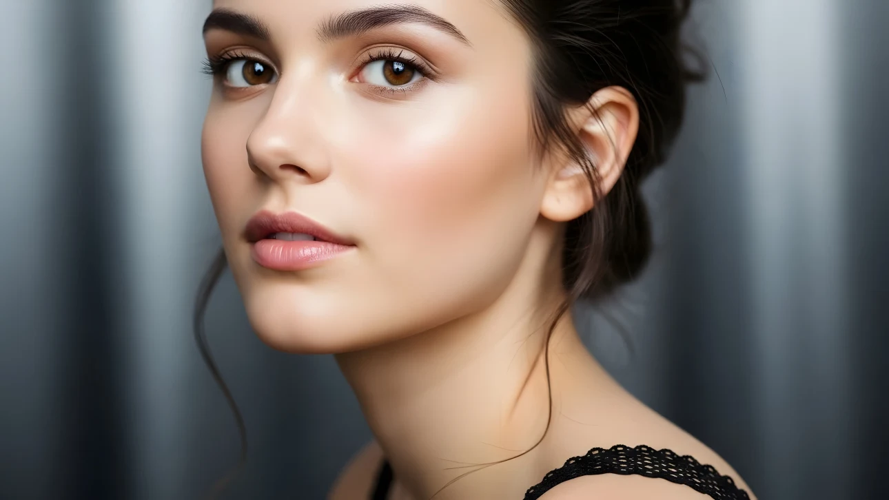 Elevate your project with this stunning portrait of a woman, featuring delicate details and soft, flattering lighting. Perfect for high-end beauty and fashion campaigns.