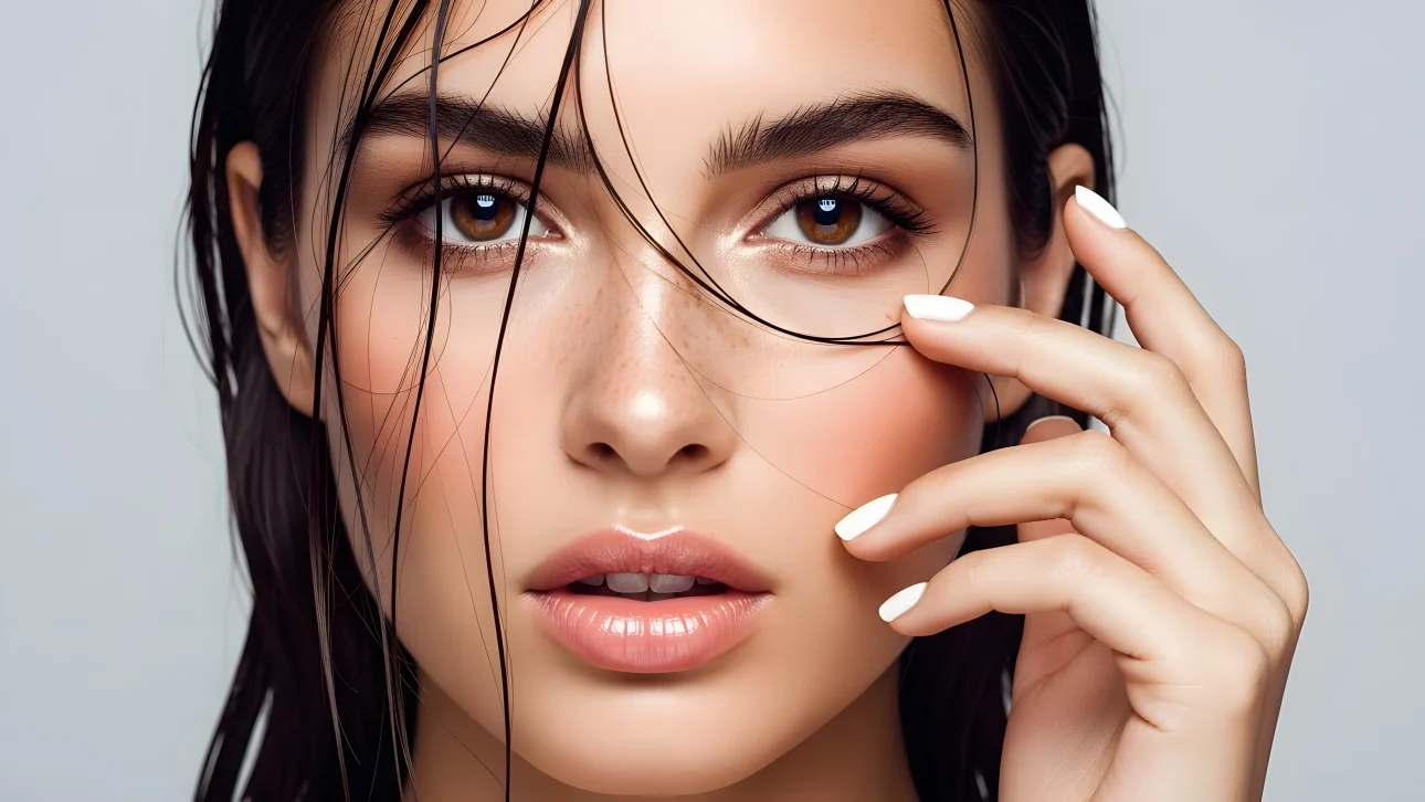 Enhance your project with this captivating portrait featuring a beautiful brunette with a fresh, dewy look. Perfect for high-end beauty and skincare campaigns.
