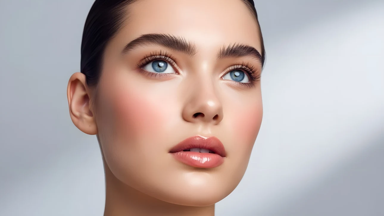 Enhance your beauty projects with this portrait of a woman featuring striking blue eyes and flawless makeup. Perfect for high-fashion editorials.