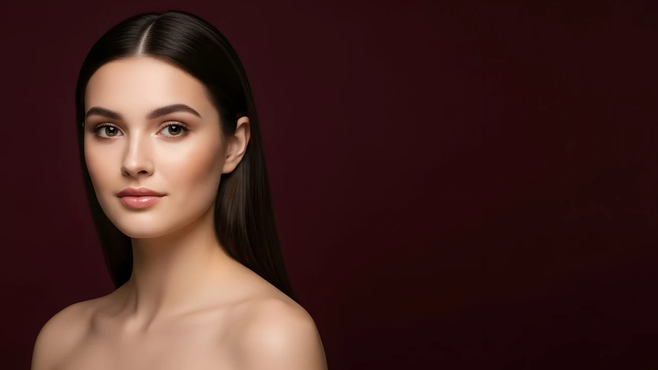 Enhance your beauty campaigns with this striking portrait of a brunette woman, styled with subtle makeup and radiant skin. Perfect for high-end cosmetic ads.