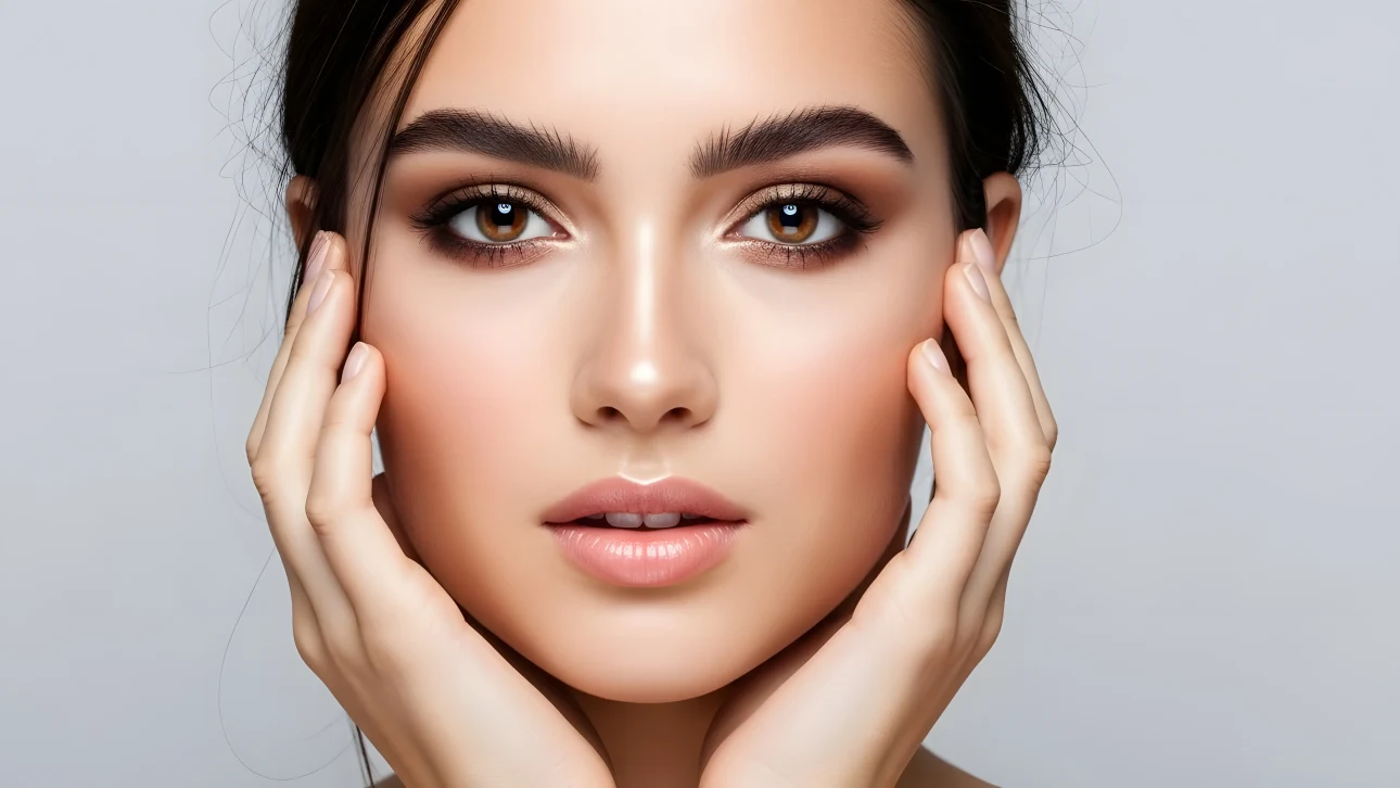 Enhance your beauty projects with this close-up of a woman's face featuring perfect skin and makeup. A premium design asset ready for commercial use.